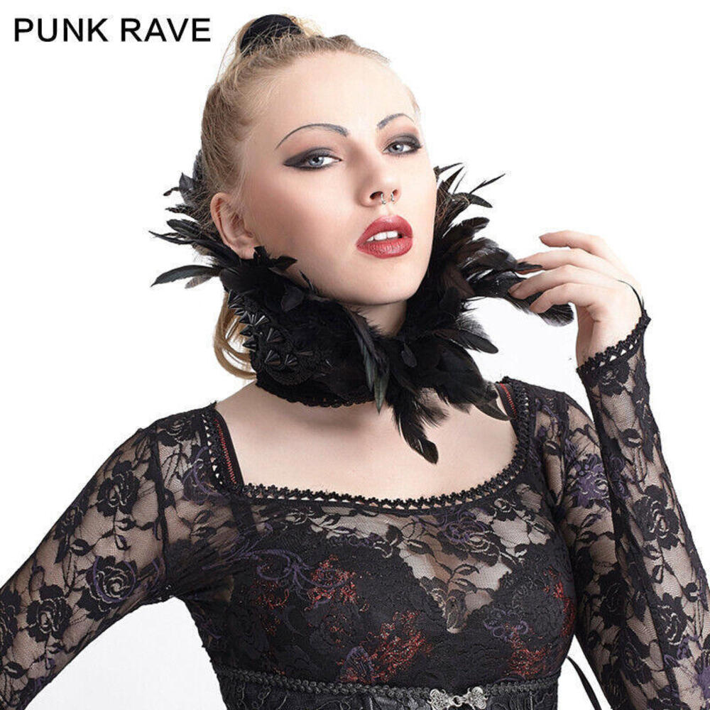 Punk‎ Rave Gothic Black Studded Lace Up Feather Collar